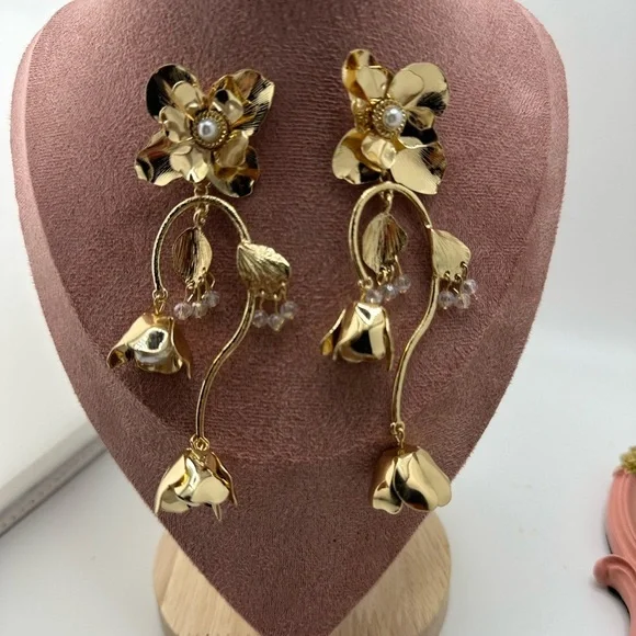 Gold Floral Drop Earrings - Picture 3 of 11